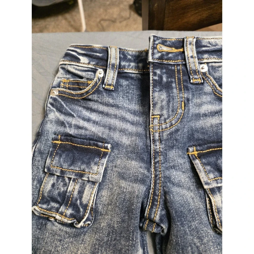 Fashion Nova Kids Girls Cargo Flare Jeans Size 4 Blue Acid Wash Utility Pockets